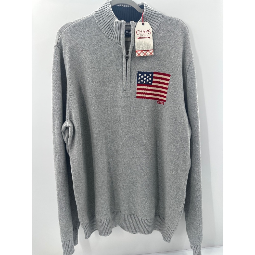 Chaps Mens XXL Gray Quarter Zip American Flag Pullover Sweater NWT